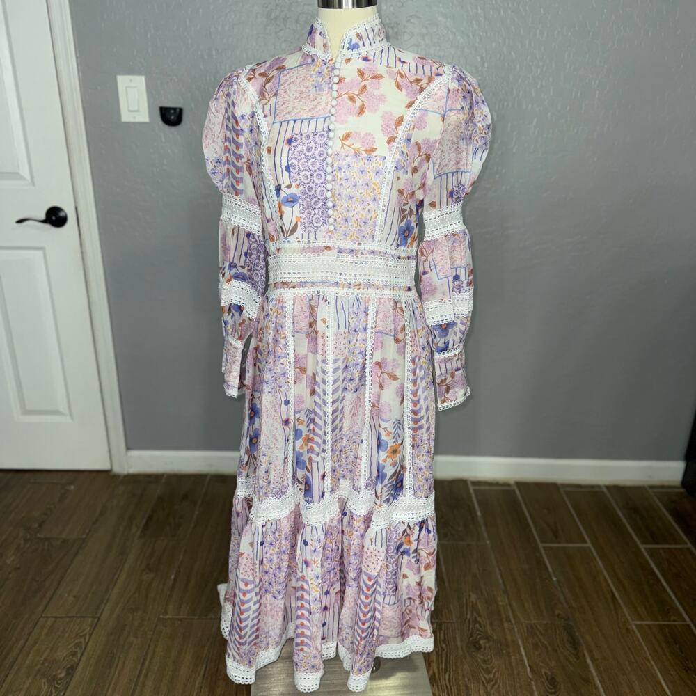 Dalia Macphee Long Sleeve Floral Eyelet Lace Trim Midi Dress, Purple Multi, L
